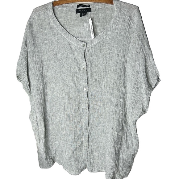 TAHARI 100% Linen Gray Gauzy Button Down Top Size Medium - Picture 1 of 16
